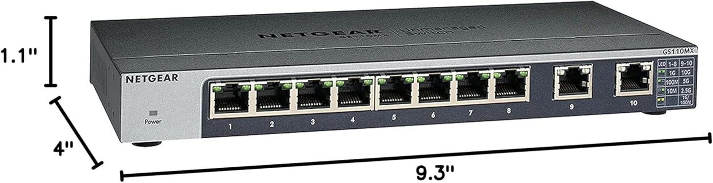 NETGEAR 10-Port Gigabit/10G Ethernet Unmanaged Switch (GS110MX) - with 8 x 1G, 2 x 10G/Multi-gig, Desktop, Wall or Rackmount, and Limited Lifetime Protection
