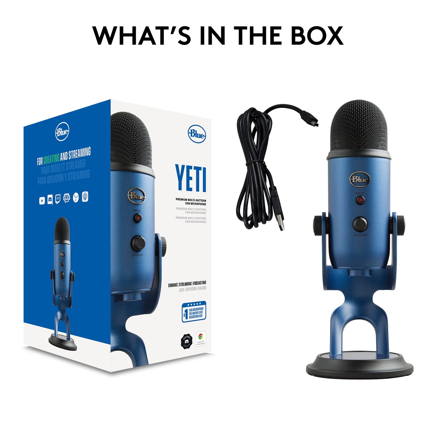 Logitech Creators Blue Yeti USB Microphone for PC, Mac, Gaming, Recording, Streaming, Podcasting, Studio and Computer Condenser Mic with Blue VO!CE effects, 4 Pickup Patterns, Plug and Play - Blackout