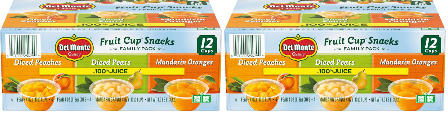 Del Monte Fruit Cups Variety Pack, Diced Peaches, Diced Pears, Mandarin Oranges, 4oz (12 Count) | 100% Juice, Lunch Snacks, Fruit Cups