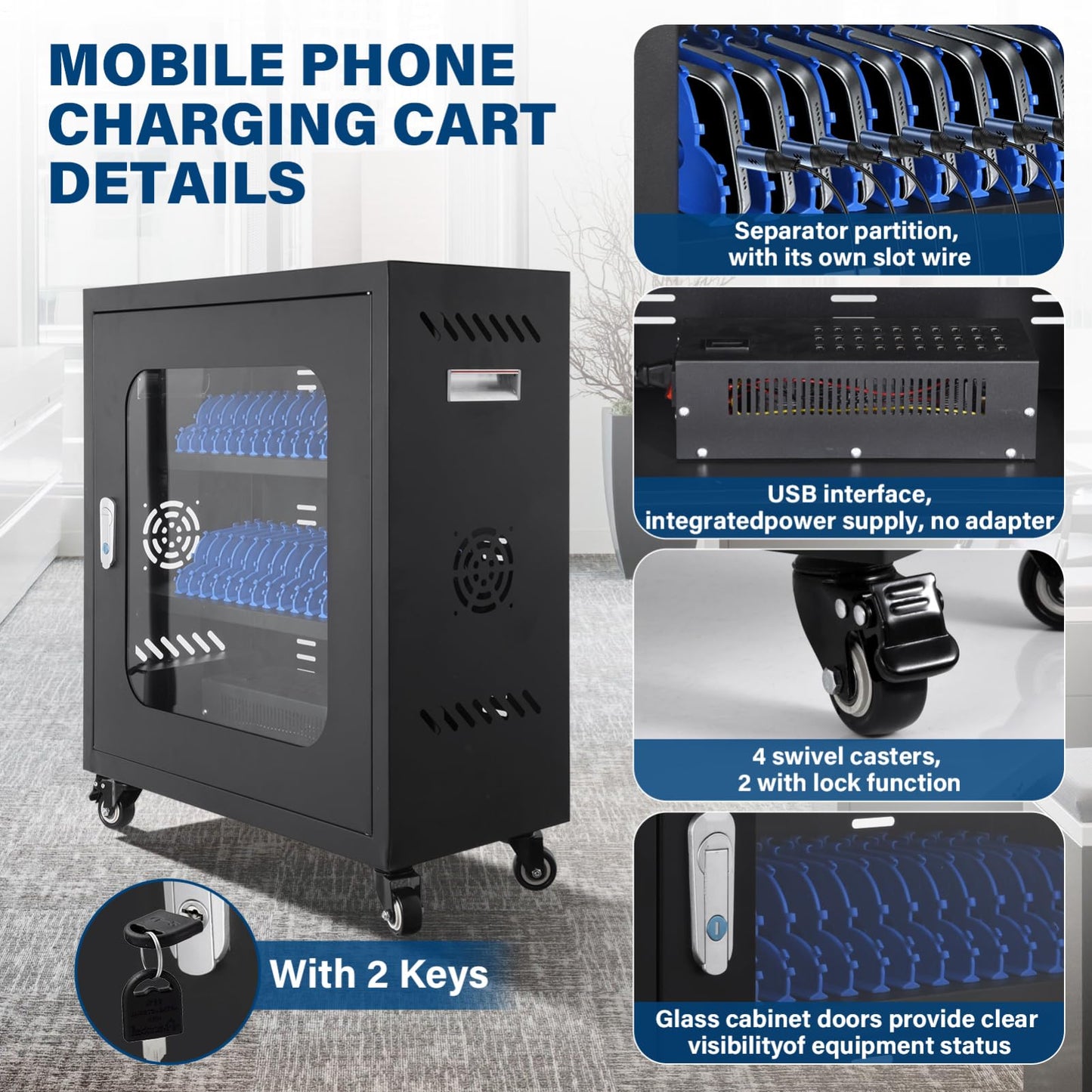 30 Device Mobiles Phone Charging Cart, Mobiles Charging Cabinet for Cell Phone, Rechargeable Cellphone Locker Storage Chargings Station, for Phones/Mini Tablets, School and Enterprise