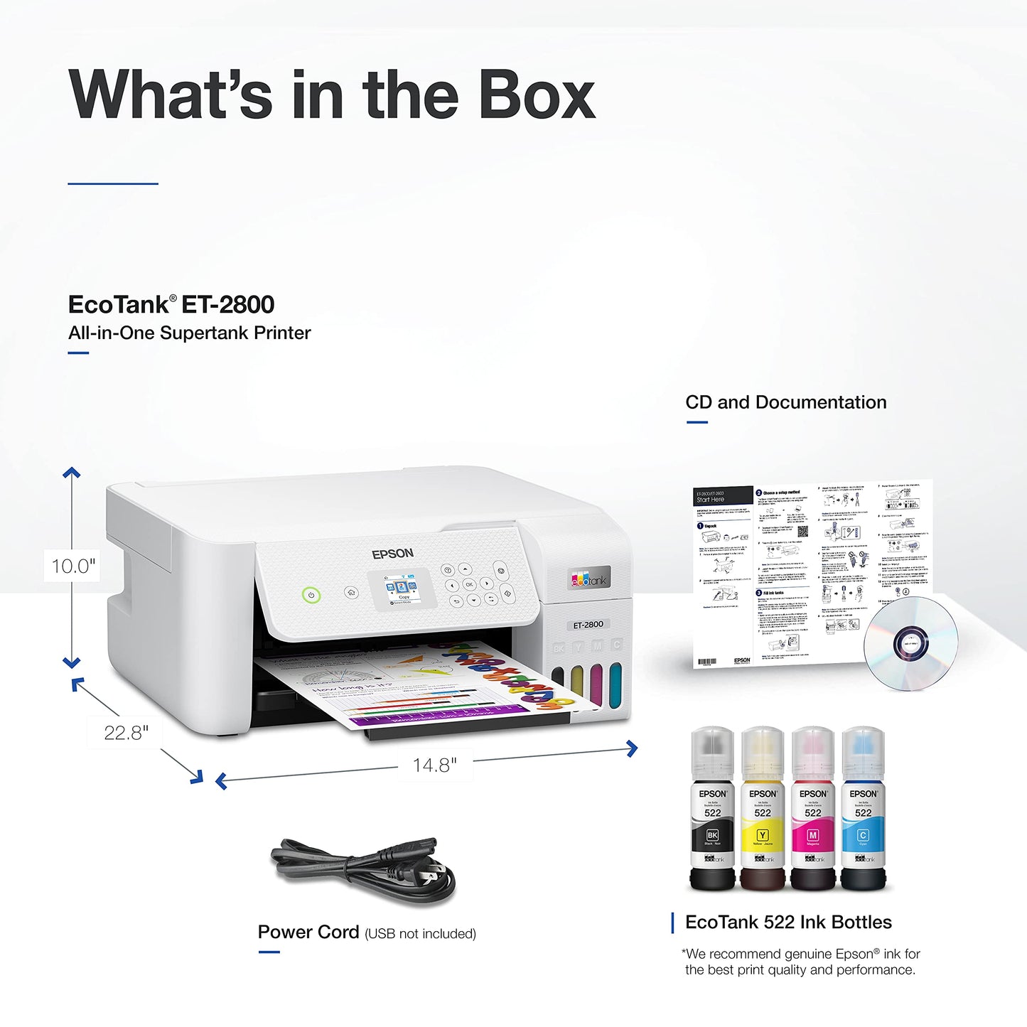 Epson EcoTank ET-2800 Wireless Color All-in-One Cartridge-Free Supertank with Scan and Copy, The Ideal Basic Home Printer - Black