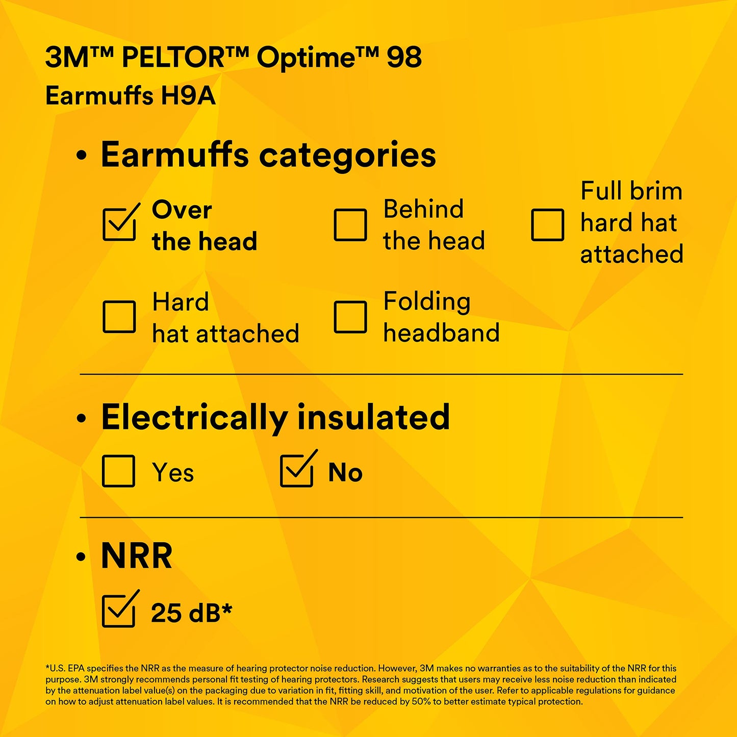 3M PELTOR Optime 98 Earmuffs H9A, Over-the-Head, Yellow