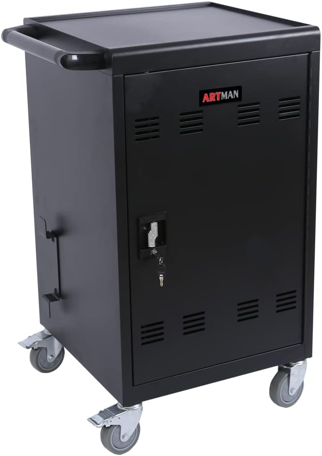 30 Devices Mobile Charging Cart Cabinet, Storage Cart for Chromebook, Tablet, Laptop, Computer Charging Station for Classroom, Up to 16-in Screen Size, Safe Locking (Black)
