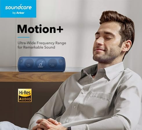 Soundcore Motion+ Bluetooth Speaker with Hi-Res 30W Audio, Extended Bass and Treble, Wireless HiFi Portable Speaker with App, Customizable EQ, 12-Hour Playtime, IPX7 Waterproof, and USB-C, Blue