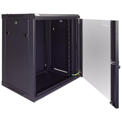 NavePoint 15U Server Cabinet Wall Mount Rack Enclosure with Caster Wheels, Includes 2 Fans, Locking Glass Door, Removable Side Panels – 15U Network Cabinet 17.7” Deep, 19”Server Rack for IT Equipment