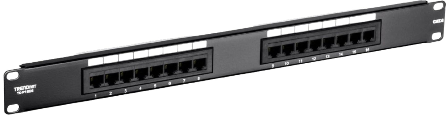 TRENDnet 16-Port Cat6 Unshielded Patch Panel,Rackmount, 1U 19", Cat3,Cat4,Cat5,Cat5e,Cat6 Compatible, 250Mhz Connection, Ideal for Copper Gigabit Ethernet Connections, Black, TC-P16C6