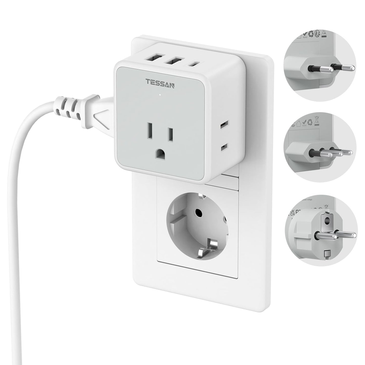 TESSAN All European UK Travel Plug Adapter Kit, International Detachable with 3 Outlet 3 USB Charger (1 USB C), Type C/G/E/F EU Ireland Power Adaptor, US to Europe Italy Spain France Greece