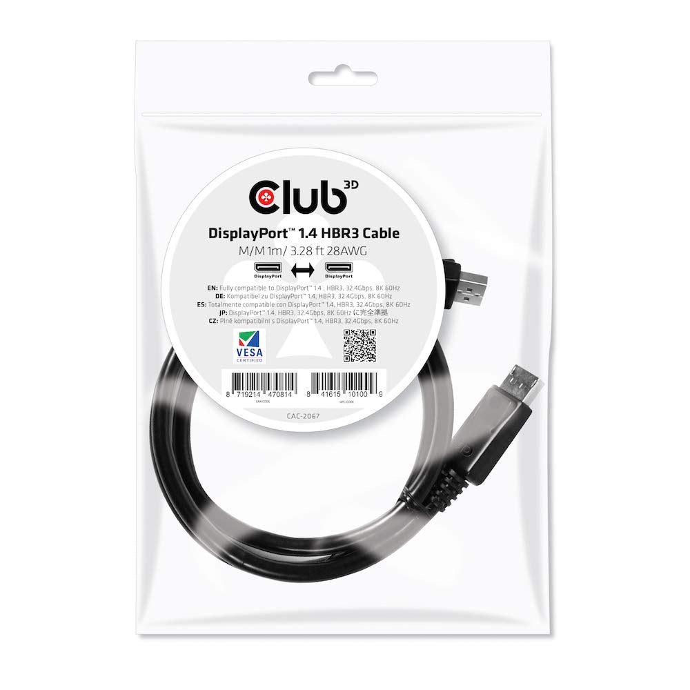 Club3D CAC-2068 VESA Certified DisplayPort to DisplayPort 1.4/Hbr3 M/M Cable DP 1.4 8K 60Hz 2m - 6,56ft