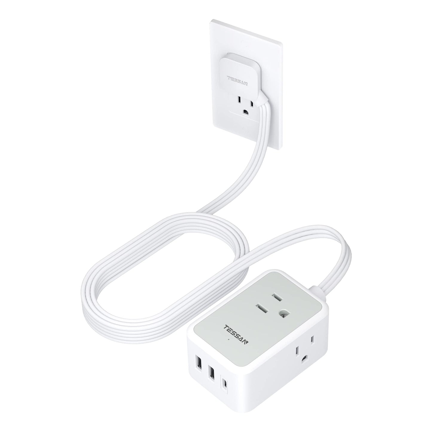 TESSAN Small Flat Plug Power Strip, Ultra Thin Extension Cord 5 ft, 3 AC Outlets with 3 USB Ports (1 USB C), Multiple Wall Outlet Extender for Cruise Travel Office School Dorm Room Essentials