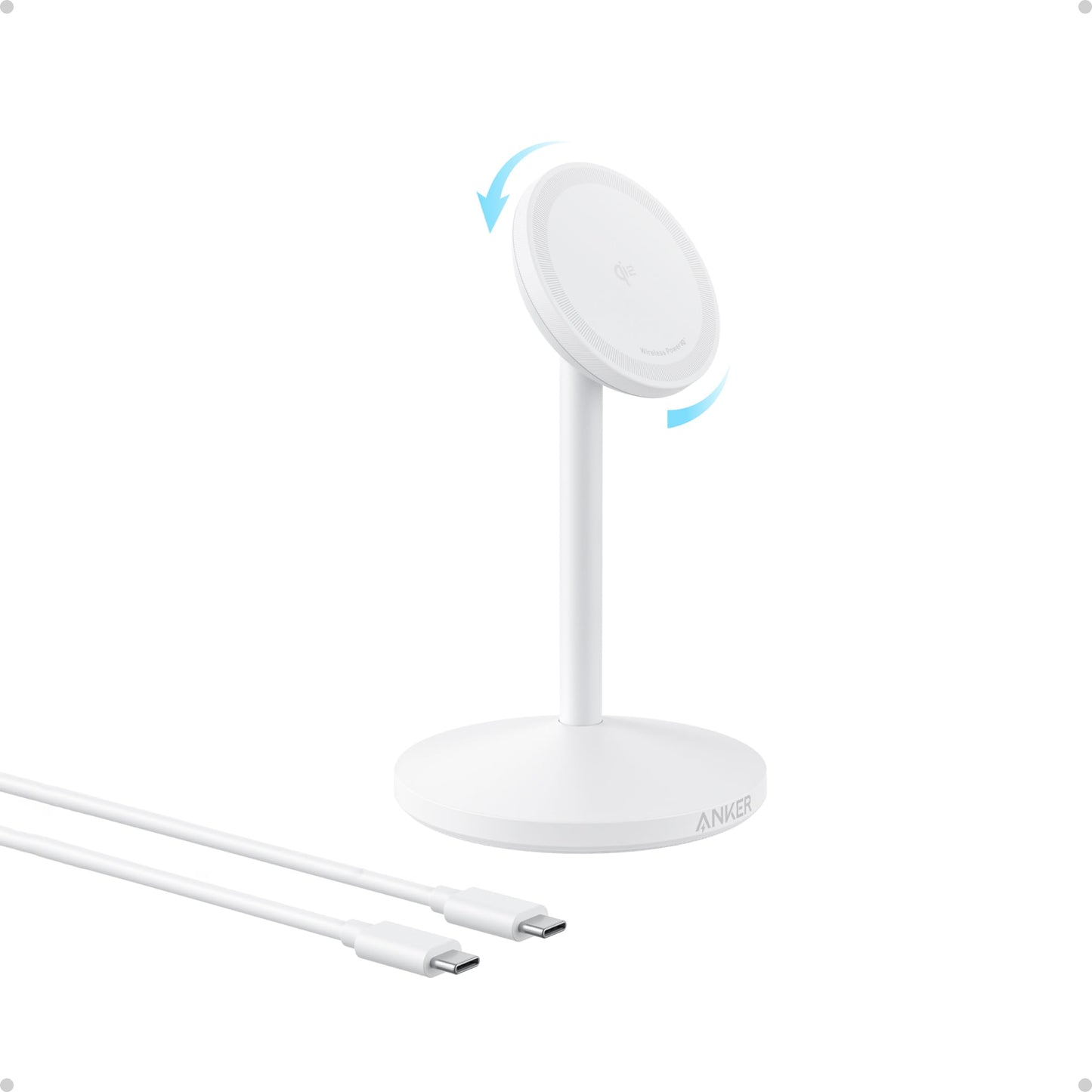 Anker MagGo iPhone 17 MagSafe Charger Compatible Stand, 15W Fast Magnetic Wireless Charging Station, Qi2 Certified 360° Wireless Charger (White, with Cable & Adapter)