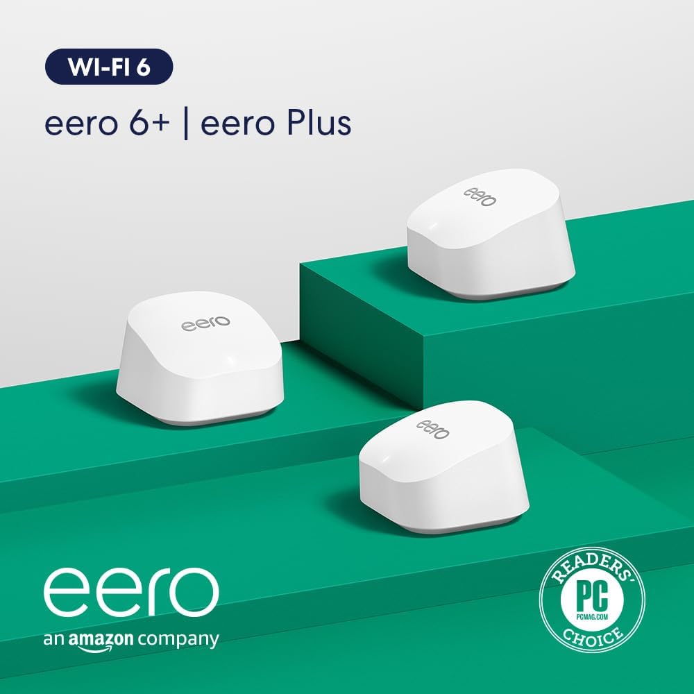 Amazon eero 6+ mesh wifi system - Supports internet plans up to a Gigabit, Coverage up to 4,500 sq. ft., Connect 75+ devices, 3-pack