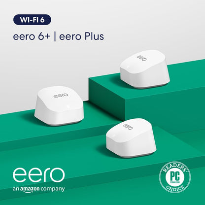 Amazon eero 6+ mesh wifi system - Supports internet plans up to a Gigabit, Coverage up to 4,500 sq. ft., Connect 75+ devices, 3-pack