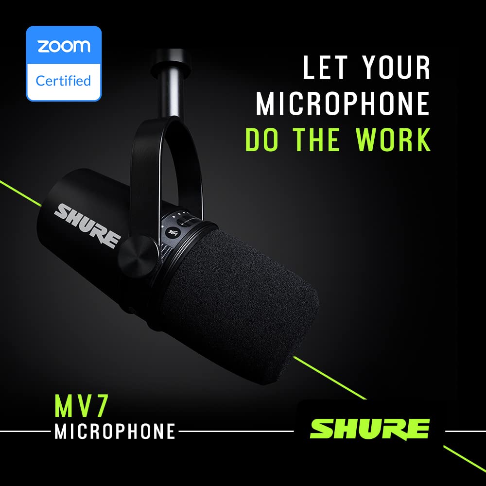 Shure MV7 USB Podcast Microphone for Podcasting, Recording, Live Streaming & Gaming, Built-in Headphone Output, All Metal USB/XLR Dynamic Mic, Voice-Isolating Technology, TeamSpeak Certified - Black
