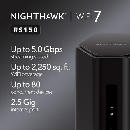 NETGEAR Nighthawk Dual-Band WiFi 7 Router (RS100) – Router Only, BE3600 Wireless Speed (up to 3.6 Gbps) - Covers up to 2,000 sq. ft., 50 Devices – 2.5 Gig Internet Port - Free Expert Help