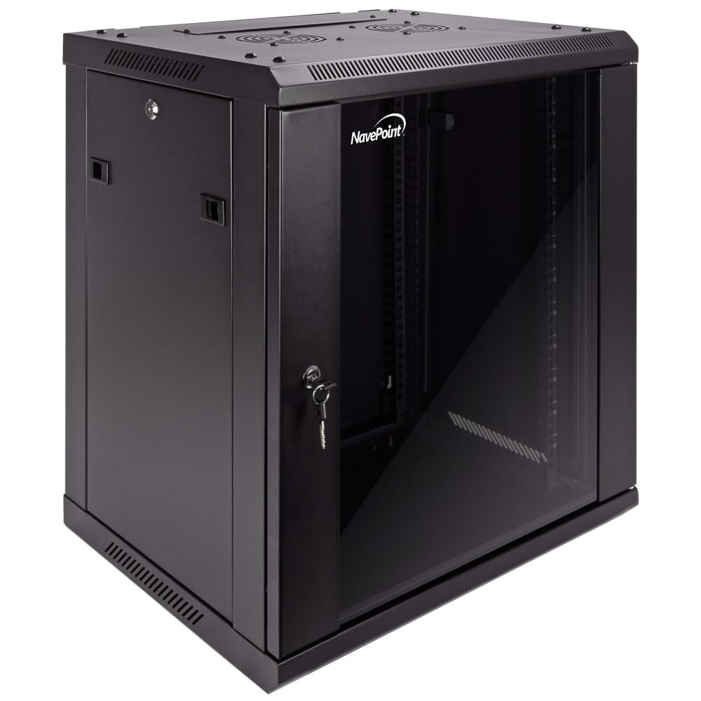 NavePoint 15U Server Cabinet Wall Mount Rack Enclosure with Caster Wheels, Includes 2 Fans, Locking Glass Door, Removable Side Panels – 15U Network Cabinet 17.7” Deep, 19”Server Rack for IT Equipment