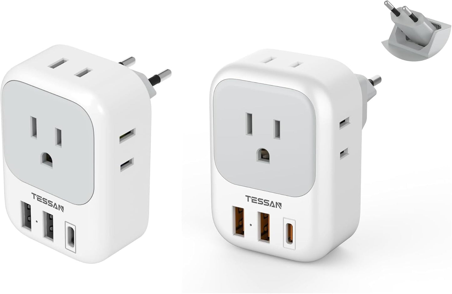 TESSAN European Travel Plug Adapter with 4 AC 3 USB (1 USB C PD 20W), Foldable Plug Type C, for US to Most of EU (Spain, France, Italy, Germany, Portugal, Iceland)