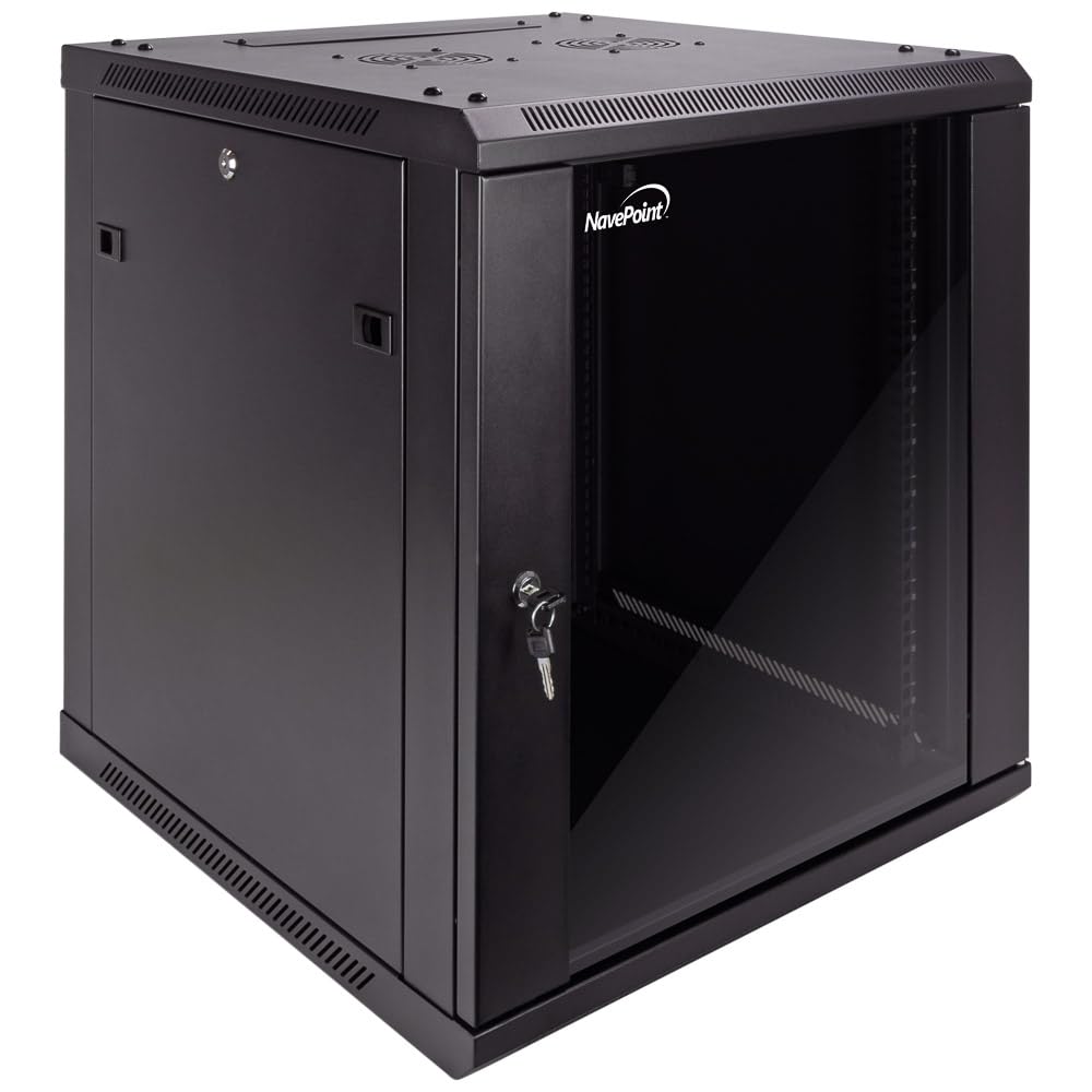 NavePoint 15U Server Cabinet Wall Mount Rack Enclosure with Caster Wheels, Includes 2 Fans, Locking Glass Door, Removable Side Panels – 15U Network Cabinet 17.7” Deep, 19”Server Rack for IT Equipment