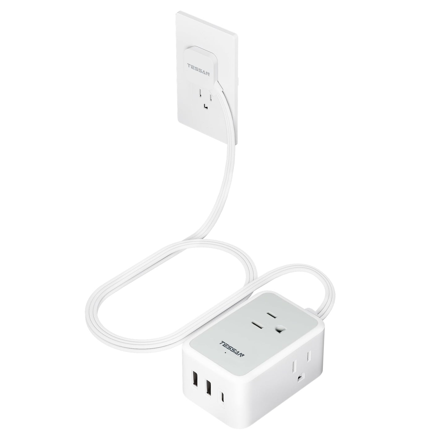TESSAN Small Flat Plug Power Strip, Ultra Thin Extension Cord 5 ft, 3 AC Outlets with 3 USB Ports (1 USB C), Multiple Wall Outlet Extender for Cruise Travel Office School Dorm Room Essentials