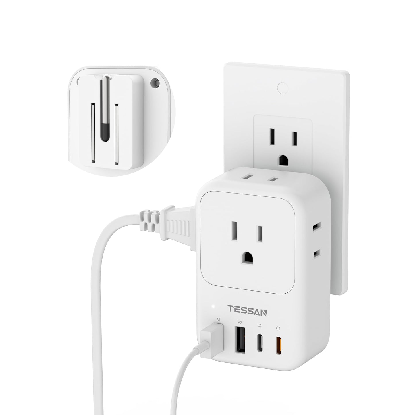 USB C Charger Block 20W, TESSAN PD Fast Charging Adapter with Foldable Plug, 1875W Power Outlet Extender(4 AC and 4 USB) for Cruise, Home, Office, Dorm