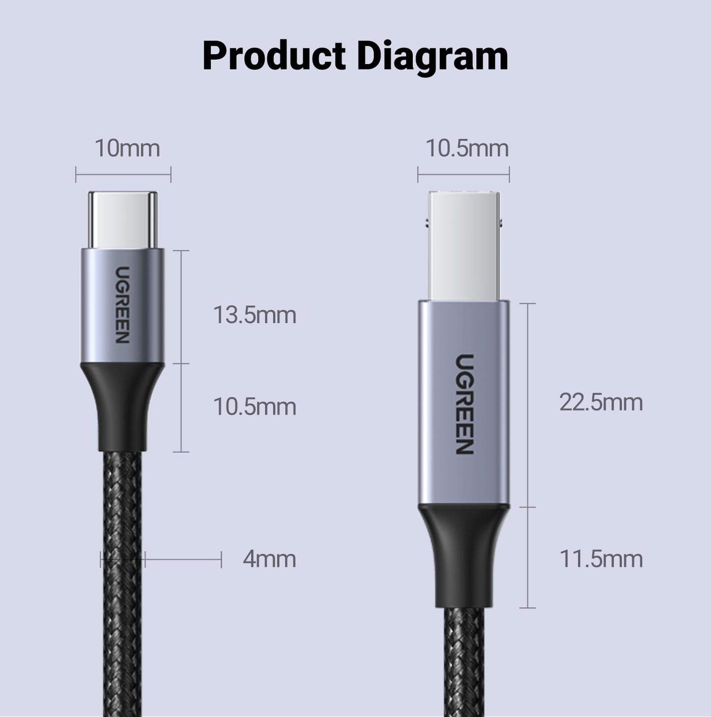 UGREEN USB B to USB C 6 FT Printer Cable, Nylon USB B to C Cord for MacBook Pro/Air, MIDI Cable Compatible with Yamaha Piano Keyboard, DAC, DJ Controller for iPad