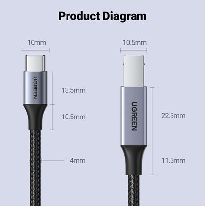 UGREEN USB B to USB C 6 FT Printer Cable, Nylon USB B to C Cord for MacBook Pro/Air, MIDI Cable Compatible with Yamaha Piano Keyboard, DAC, DJ Controller for iPad