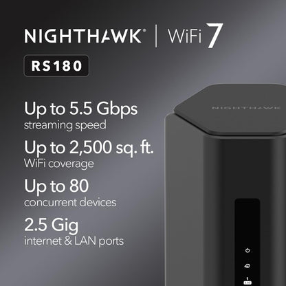 NETGEAR Nighthawk Dual-Band WiFi 7 Router (RS90) – Router Only, BE3600 Wireless Speed (up to 3.6 Gbps) - Covers up to 2,000 sq. ft., 50 Devices – 2.5 Gig Internet Port - Free Expert Help