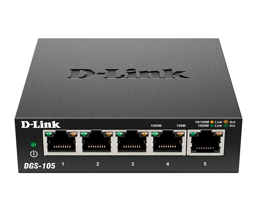 D-Link Ethernet Switch, 5 Port Gigabit Unmanaged Metal Desktop Plug and Play Compact (DGS-105),Black