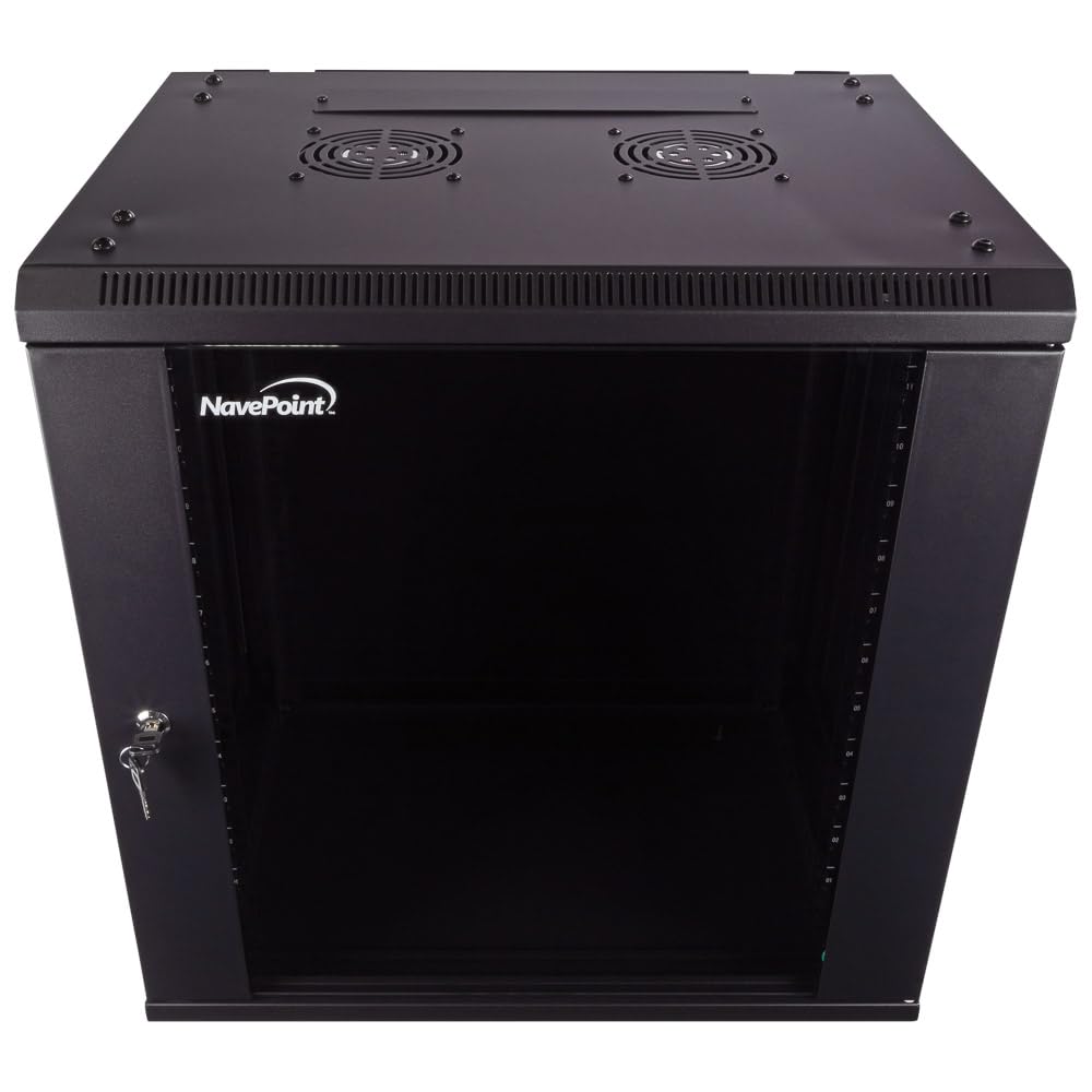 NavePoint 15U Server Cabinet Wall Mount Rack Enclosure with Caster Wheels, Includes 2 Fans, Locking Glass Door, Removable Side Panels – 15U Network Cabinet 17.7” Deep, 19”Server Rack for IT Equipment