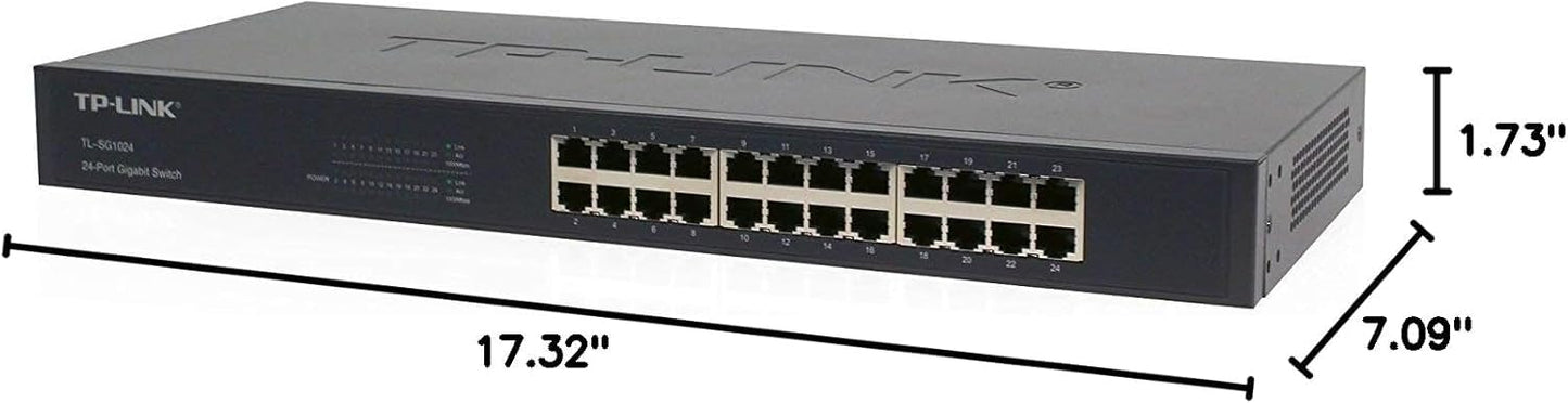 TP-Link TL-SG1024 | 24 Port Gigabit Ethernet Switch | Plug and Play | Sturdy Metal w/Shielded Ports | Rackmount | Fanless | 3 Year Manufacturer Warranty | Unmanaged, Black