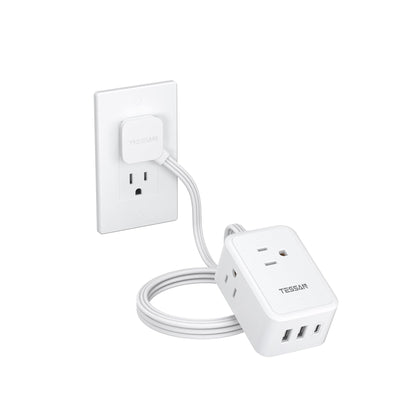 TESSAN Small Flat Plug Power Strip, Ultra Thin Extension Cord 5 ft, 3 AC Outlets with 3 USB Ports (1 USB C), Multiple Wall Outlet Extender for Cruise Travel Office School Dorm Room Essentials
