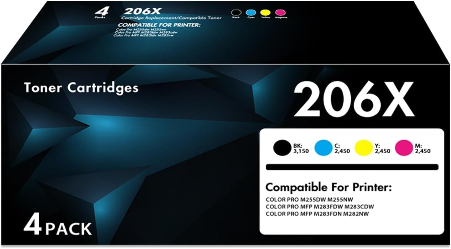 206X High Yield Toner Cartridges 4 Pack | MFP M283fdw Compatible for HP 206X 206A W2110X with Chip for Color LaserJet MFP M283fdw M283cdw M283 Pro M255dw M255 Printer Ink (Black Cyan Yellow Magenta)