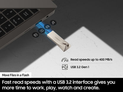 SAMSUNG BAR Plus 3.1 USB Flash Drive, 128GB, 400MB/s, Rugged Metal Casing, Storage Expansion for Photos, Videos, Music, Files, MUF-128BE4/AM, Titan Grey