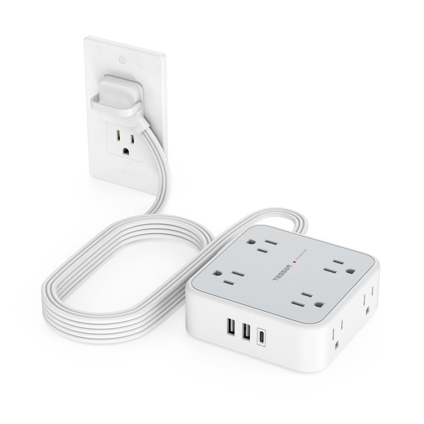 TESSAN Surge Protector Power Strip, 5 Ft Flat Plug Extension Cord with 3 USB (1 USB C) 8 Outlets, 1250W, 900J Protection, 3 Sided Outlet Extender with Power Switch for Office, Dorm Room, Grey