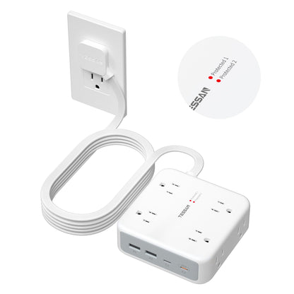 TESSAN Dual Surge Protector Power Strip, 5 Ft Extension Cord Flat Wall Plug with 4 USB (2 USB C) 8 Outlets, 2100J Surge Protection, 20W Multiple Charging Station for Home, Office, College, Dorm, Grey