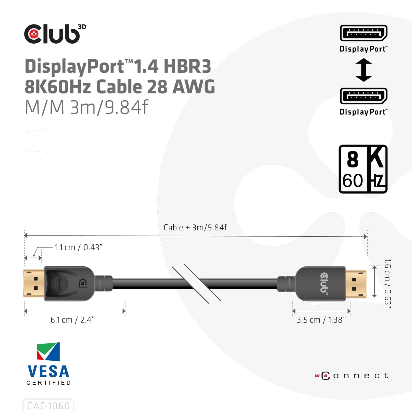Club3D CAC-2068 VESA Certified DisplayPort to DisplayPort 1.4/Hbr3 M/M Cable DP 1.4 8K 60Hz 2m - 6,56ft