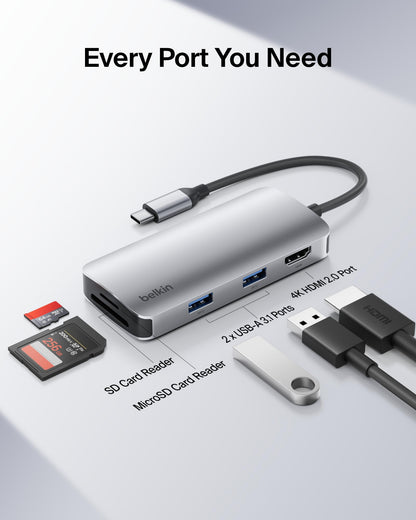 Belkin USB C Hub, 4-in-1 Multi-Port Laptop Dock with 4K HDMI, USB C Docking Station with 100 Watt Pass-Through Power Delivery, 2 X USB A Ports For MacBook Pro, Air, iPad Pro, Chromebook and More