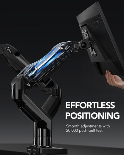 HUANUO FlowLift™ Dual Monitor Stand, Fully Adjustable Gaming Monitor Desk Mount for 13–32″ Computer Screens, Full Motion VESA 75x75/100x100 with C-Clamp & Grommet Base, Each Arm Holds 4.4 to 19.8 lbs