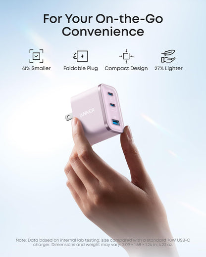 Anker Nano Charger, Ultra-Fast 70W Output 3-Port USB C Charger Block, Fast Charging, Compact and Stylish, for iPhone 17/16 Series, MacBook, iPad, Pixel, Galaxy, and More(Black, Cable Included)