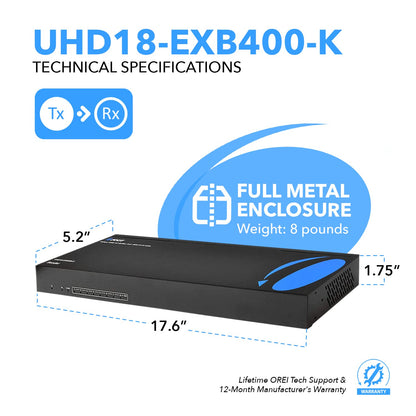 OREI 4K 4x4 HDMI Extender Matrix - UltraHD 4K @ 60Hz 4:4:4 Over Single CAT5e/6/7 Cable with HDR Switcher & IR Control, RS-232 - Up to 230 Ft - 1080P Downscale - 4 x Loop Out - 4 Receivers Included