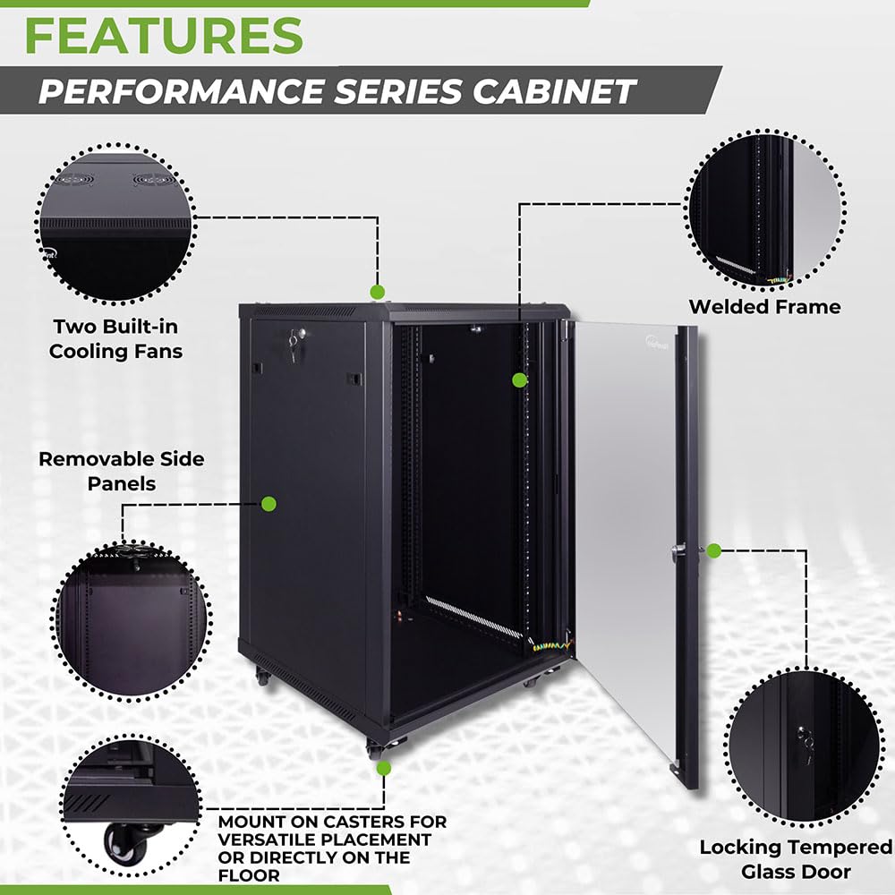 NavePoint 15U Server Cabinet Wall Mount Rack Enclosure with Caster Wheels, Includes 2 Fans, Locking Glass Door, Removable Side Panels – 15U Network Cabinet 17.7” Deep, 19”Server Rack for IT Equipment