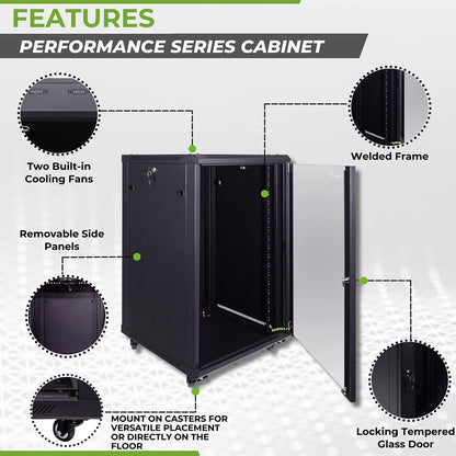NavePoint 15U Server Cabinet Wall Mount Rack Enclosure with Caster Wheels, Includes 2 Fans, Locking Glass Door, Removable Side Panels – 15U Network Cabinet 17.7” Deep, 19”Server Rack for IT Equipment