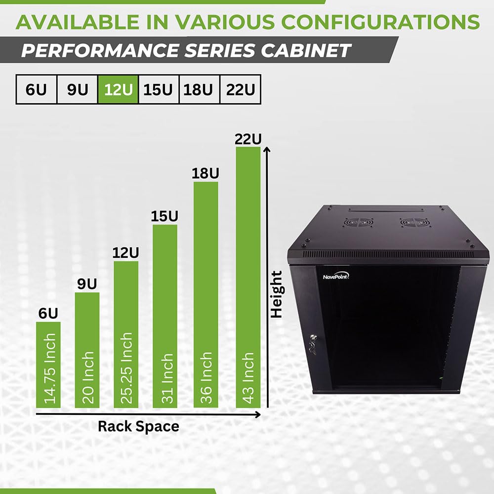 NavePoint 15U Server Cabinet Wall Mount Rack Enclosure with Caster Wheels, Includes 2 Fans, Locking Glass Door, Removable Side Panels – 15U Network Cabinet 17.7” Deep, 19”Server Rack for IT Equipment