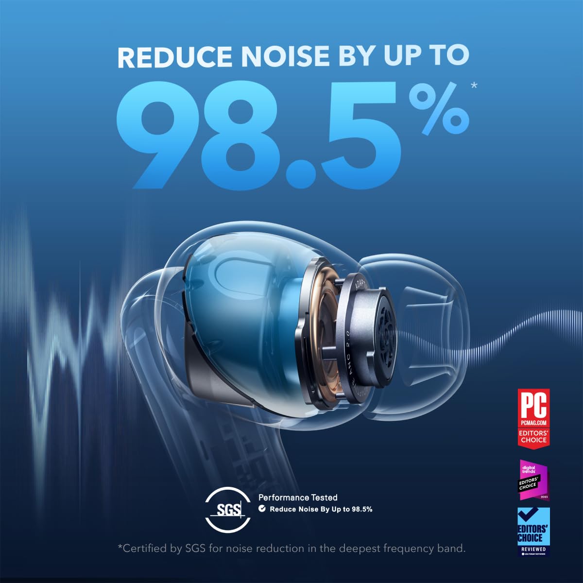 Soundcore by Anker Liberty 4 NC Wireless Noise Cancelling Earbuds, 98.5% Noise Reduction, Adaptive Noise Cancelling to Ears and Environment, Hi-Res Sound, 50H Battery, Wireless Charging (Renewed)