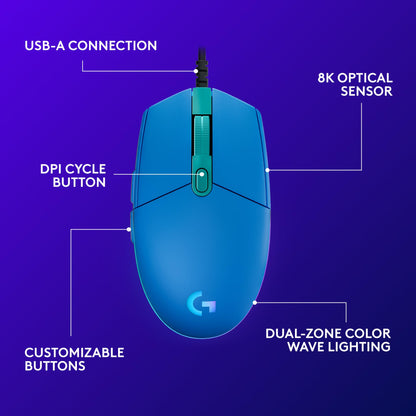 Logitech G203 Wired Gaming Mouse, 8,000 DPI, Rainbow Optical Effect LIGHTSYNC RGB, 6 Programmable Buttons, On-Board Memory, Screen Mapping, PC/Mac Computer and Laptop Compatible - Black