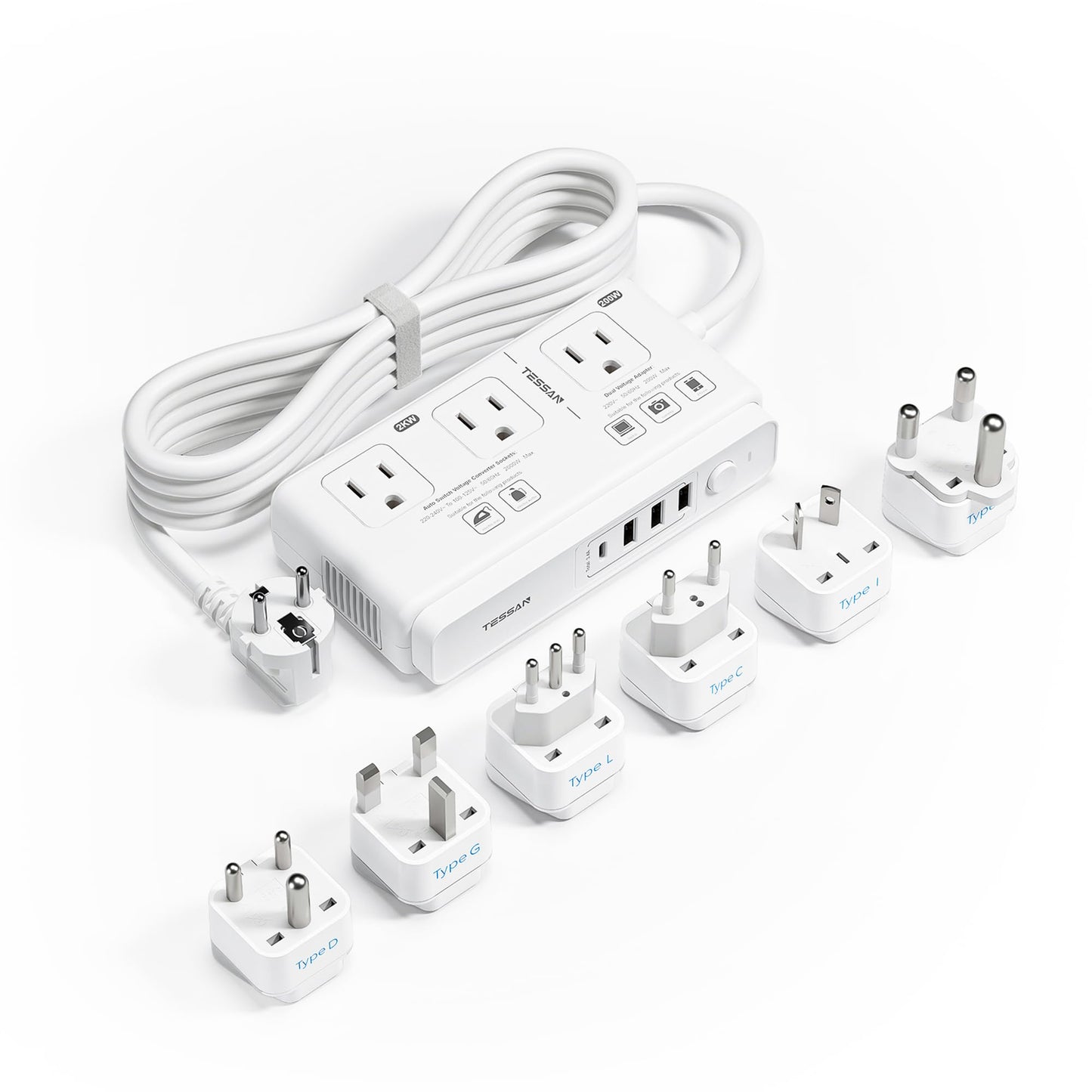 TESSAN Voltage Converter US to Europe, 220 to 110 Voltage Converter, Universal Travel Adapter with 4 USB Ports (1 USB C), 3 AC and EU UK AU IT in ZA Plug Power Adapter, Step Down Transformer, 4 FT