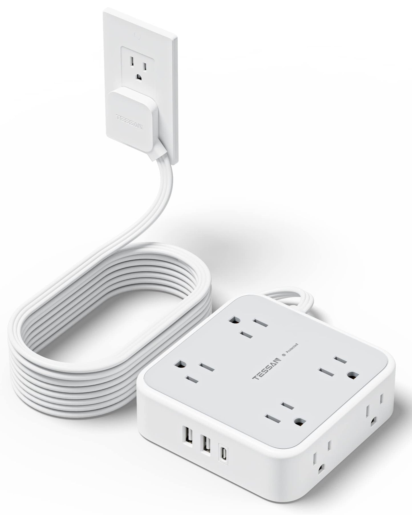 TESSAN Surge Protector Power Strip, 5 Ft Flat Plug Extension Cord with 3 USB (1 USB C) 8 Outlets, 1250W, 900J Protection, 3 Sided Outlet Extender with Power Switch for Office, Dorm Room, Grey