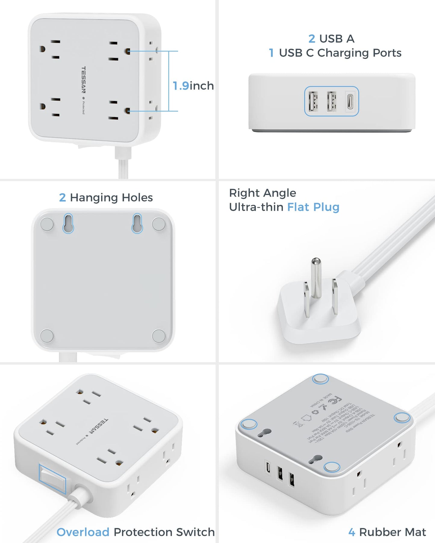 TESSAN Surge Protector Power Strip, 5 Ft Flat Plug Extension Cord with 3 USB (1 USB C) 8 Outlets, 1250W, 900J Protection, 3 Sided Outlet Extender with Power Switch for Office, Dorm Room, Grey