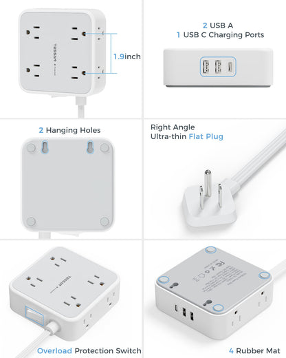 TESSAN Surge Protector Power Strip, 5 Ft Flat Plug Extension Cord with 3 USB (1 USB C) 8 Outlets, 1250W, 900J Protection, 3 Sided Outlet Extender with Power Switch for Office, Dorm Room, Grey
