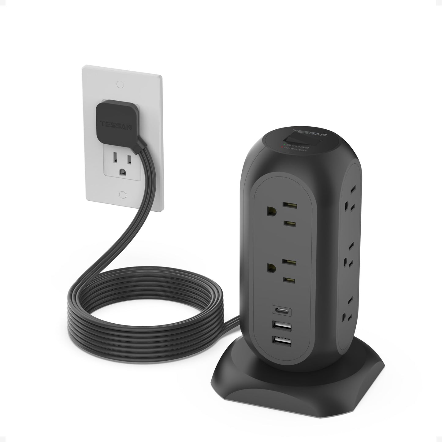Tower Power Strip Flat Plug with 11 Outlets 3 USB (1 USB C), TESSAN Surge Protector Tower 1625W/13A,1050J Protection, 6 Feet Extension Cord with Multiple Outlets, Office Desk Supplies, Dorm Essentials