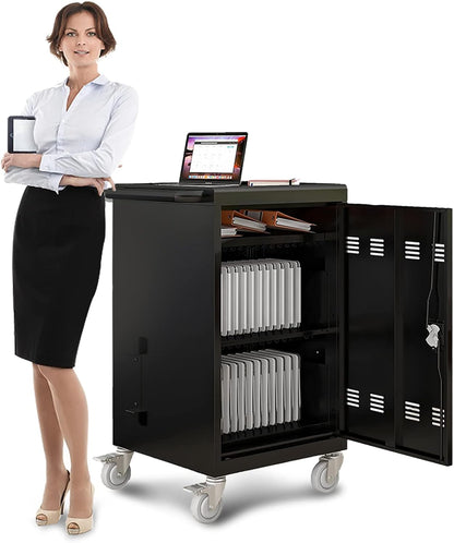 30 Devices Mobile Charging Cart Cabinet, Storage Cart for Chromebook, Tablet, Laptop, Computer Charging Station for Classroom, Up to 16-in Screen Size, Safe Locking (Black)